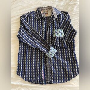 Robert Graham Dress Shirt Blue and Black Checkered Shirt with Patterned Accents